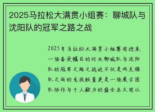 2025马拉松大满贯小组赛：聊城队与沈阳队的冠军之路之战